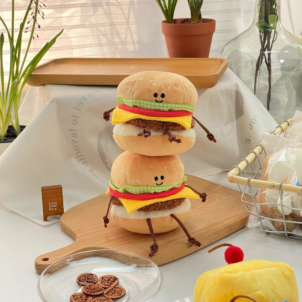 Plush burger toy with sturdy clip attachment